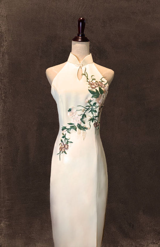 Butter Yellow Halter Cut Cheongsam with Peep Hole