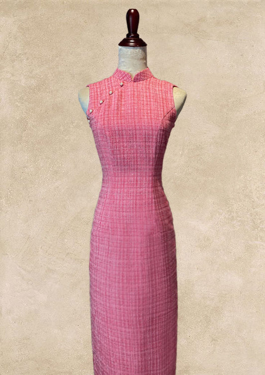 Sweet Pink Tweed Sleeveless Cheongsam