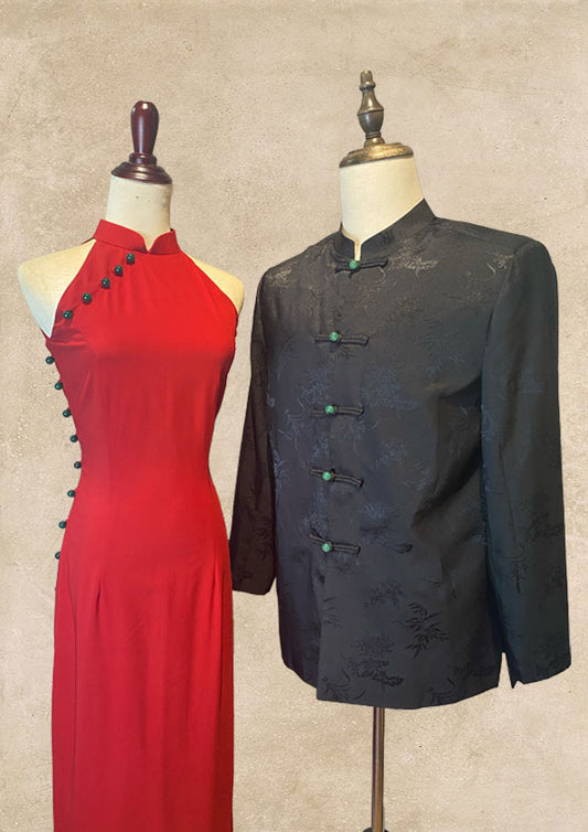 Red Silk Cheongsam and Black Silk Tang Shirt