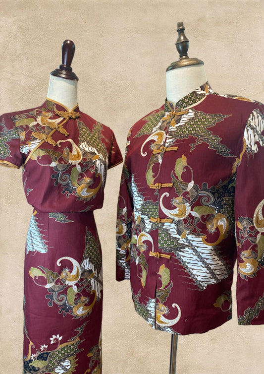 Matching Red Batik Two-Piece Cheongsam and Tang Shirt