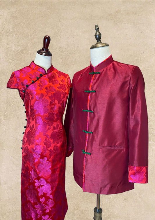 Red Rose Jacquard Cheongsam and Red Thai Silk Tang Shirt with matching details