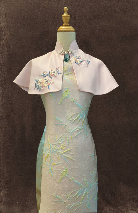 Baby Pink Thai Silk Cape with Chinese Embroidery