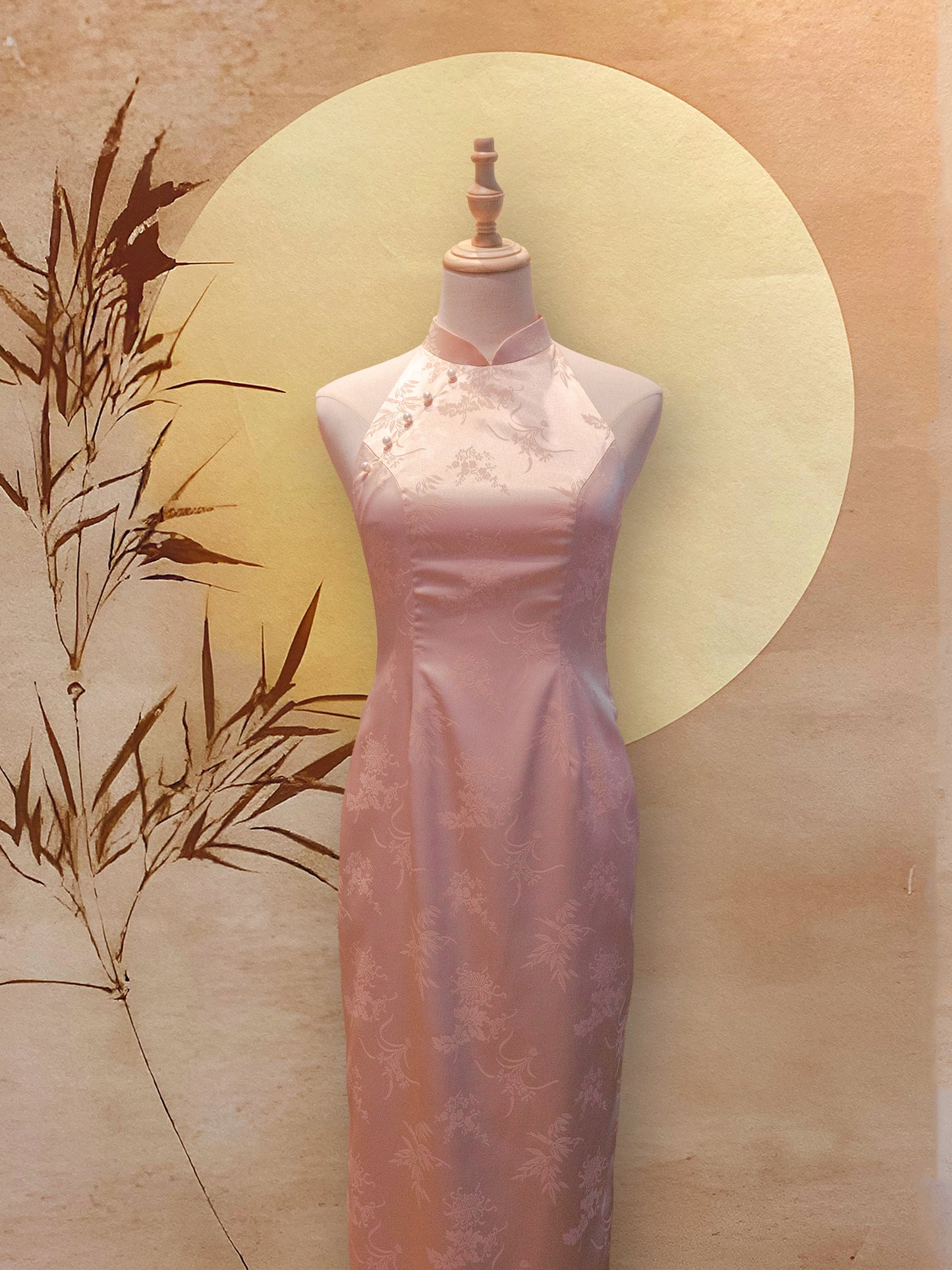 Baby Pink Chinese Silk Halter Neck Cheongsam