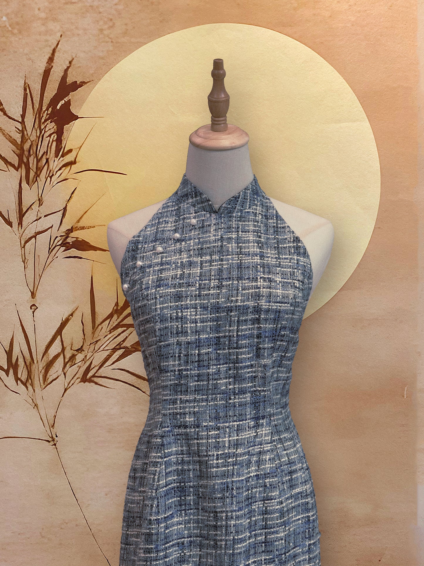 Blue and White Blend Tweed Cheongsam