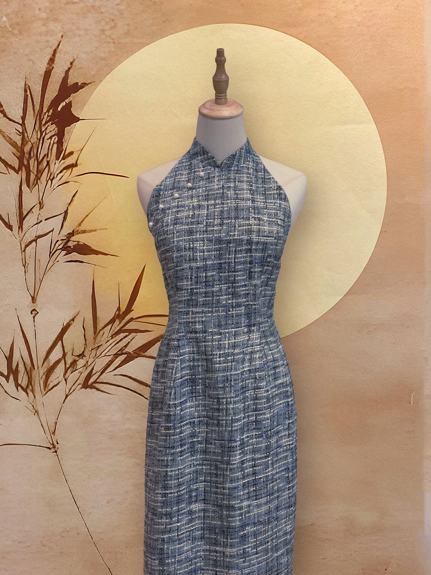 Blue and White Blend Tweed Cheongsam