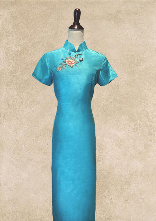 Blue Thai Silk Cheongsam With Cap Sleeve