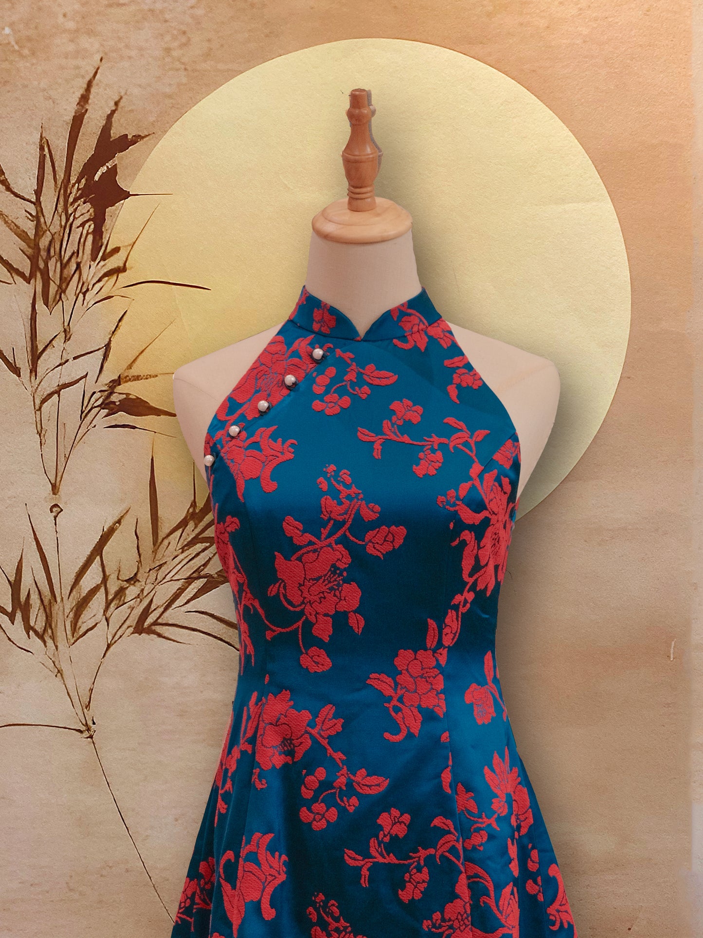 Blue and Red Jacquard Modern Flare Cheongsam