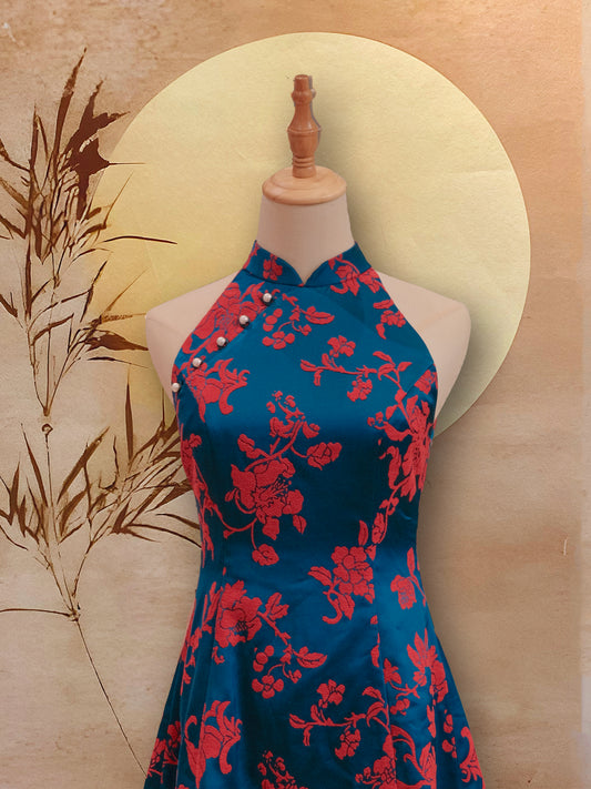 Blue and Red Jacquard Modern Flare Cheongsam