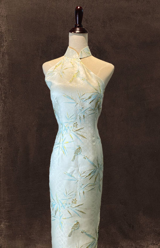 Cream Jacquard Halter Cheongsam with Tolga Cutout and Open Back Detail