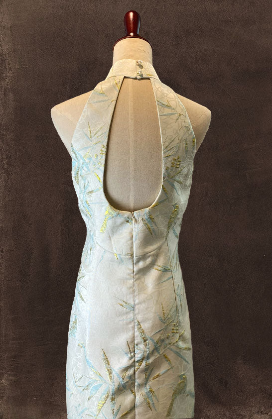 Cream Jacquard Halter Cheongsams with Tolga Cutout and Open Back Detail