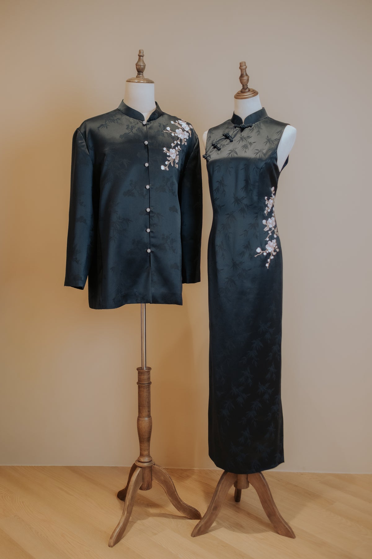 Midnight Chinese Blue Cheongsam /Tang Shirt with Cherry Blossom Embroidery
