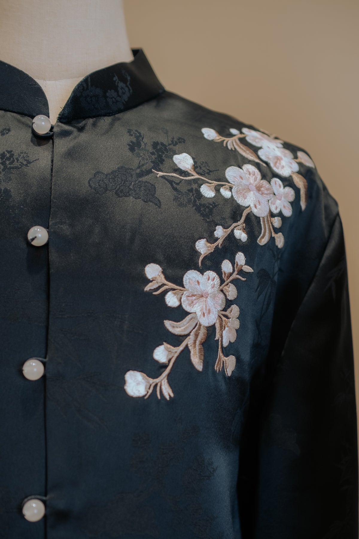 Midnight Blue Chinese Silk Tang Shirt with Floral Embroidery