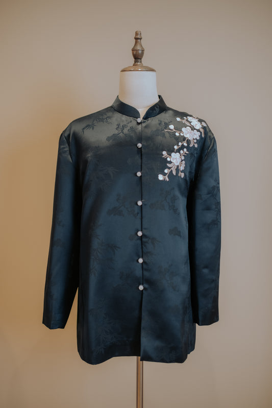 Midnight Blue Chinese Silk Tang Shirt with Floral Embroidery