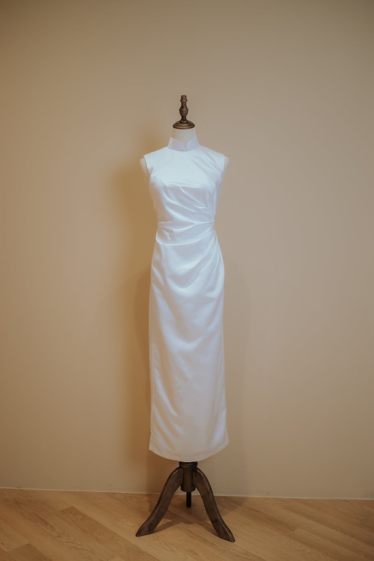 White Duchess Satin Cheongsam with Side Ruching