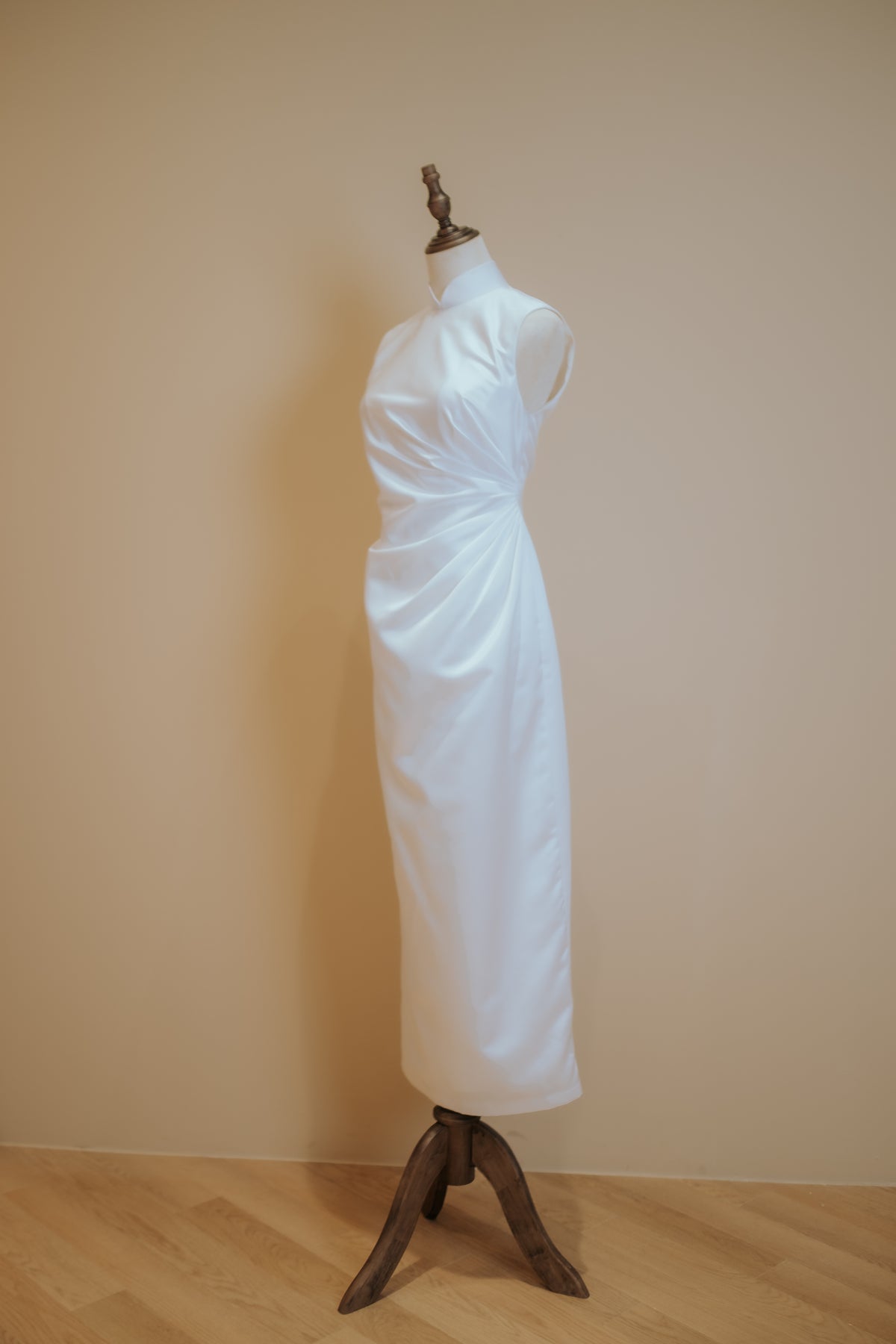 White Duchess Satin Cheongsam with Side Ruching
