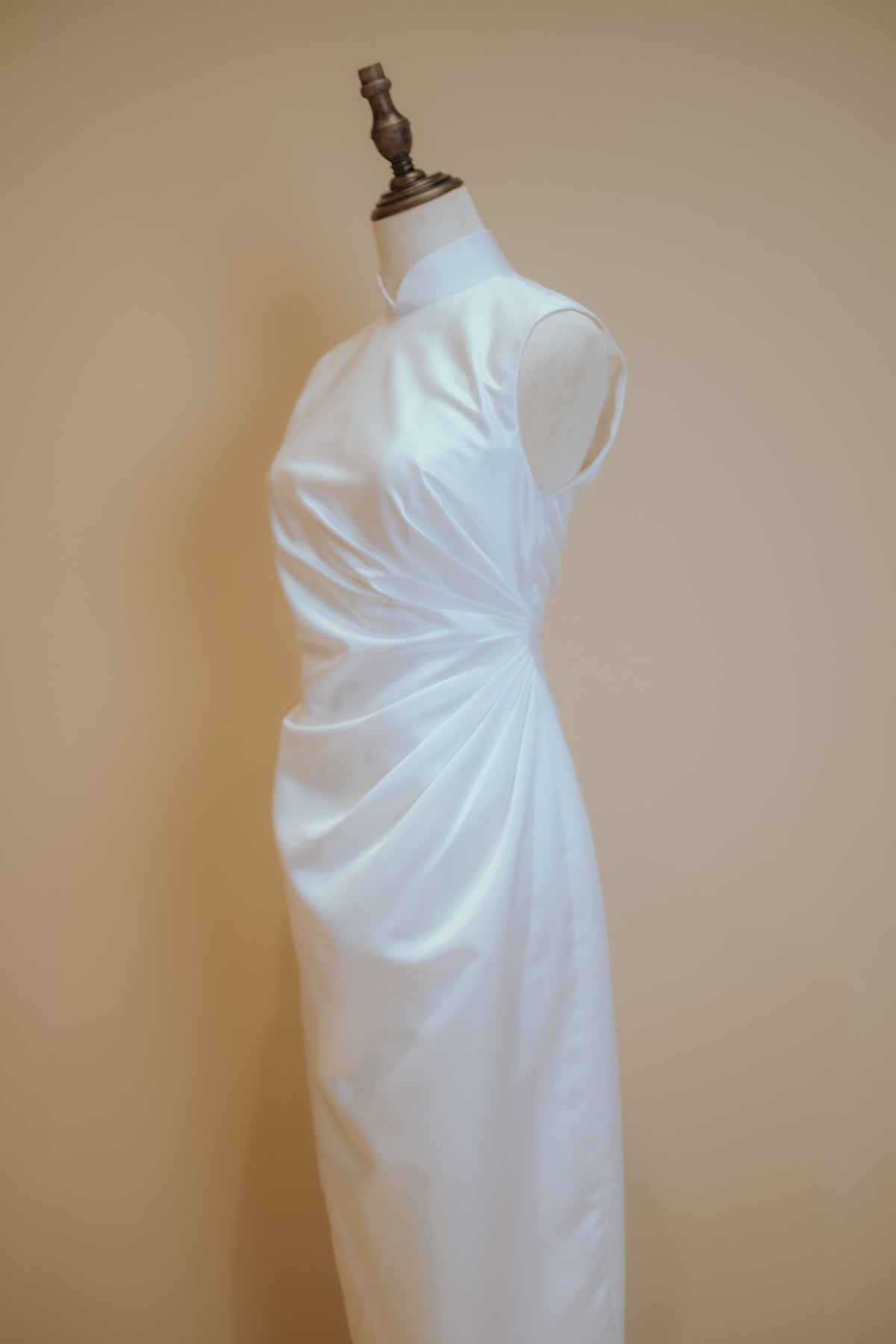 White Duchess Satin Cheongsam with Side Ruching