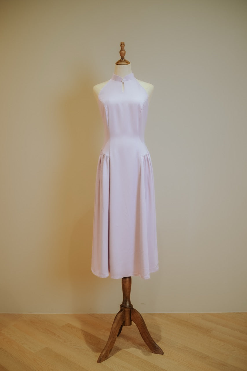 Lilac Purple Bubble Skirt Premium Cotton Stretch Halter Cheongsam with Front Keyhole