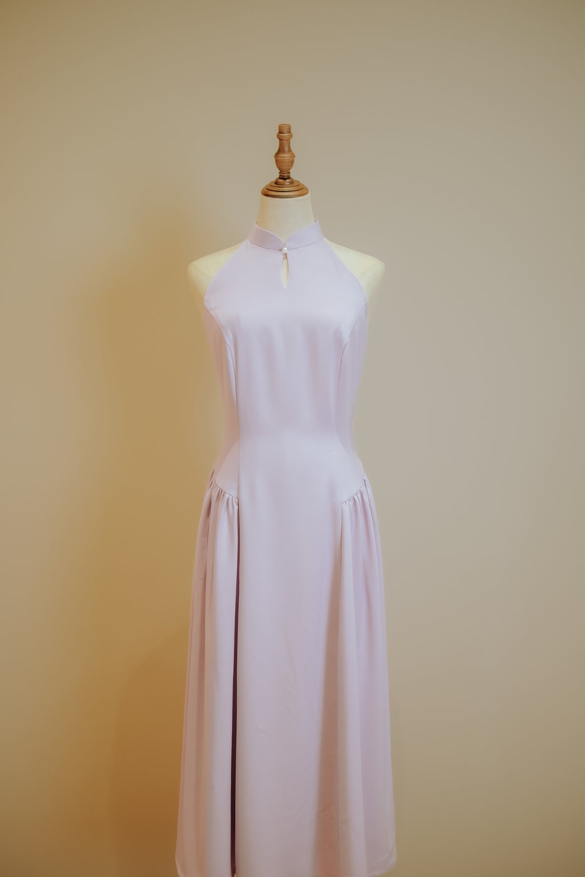 Lilac Purple Bubble Skirt Premium Cotton Stretch Halter Cheongsam with Front Keyhole