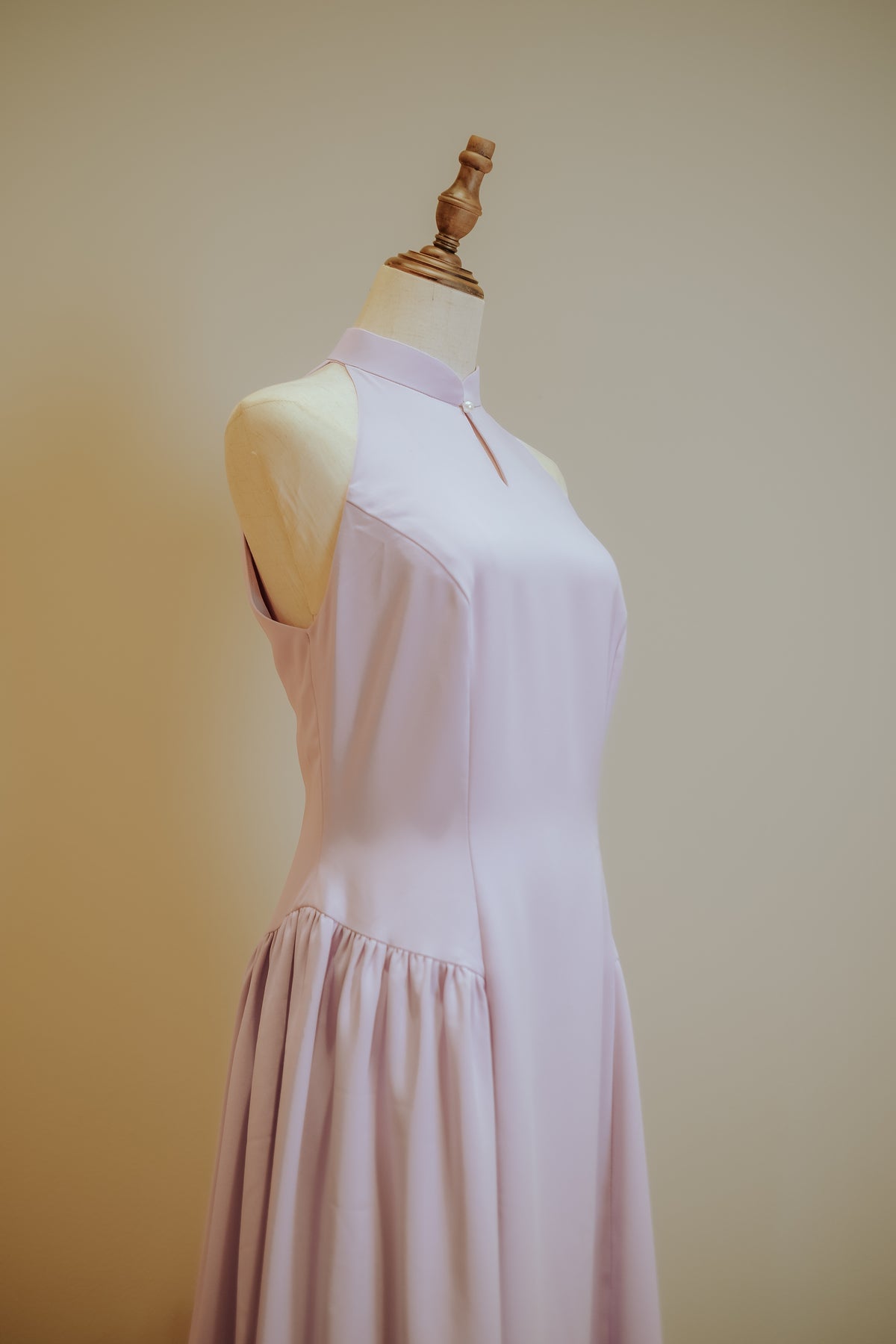 Lilac Purple Bubble Skirt Premium Cotton Stretch Halter Cheongsam with Front Keyhole