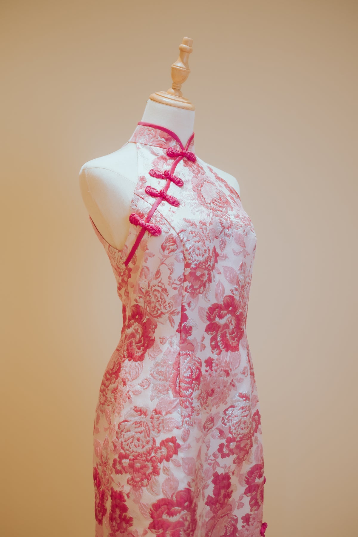 Pastel Pink Floral Motif Jacquard with Chinese Knots and Fuchsia Piping
