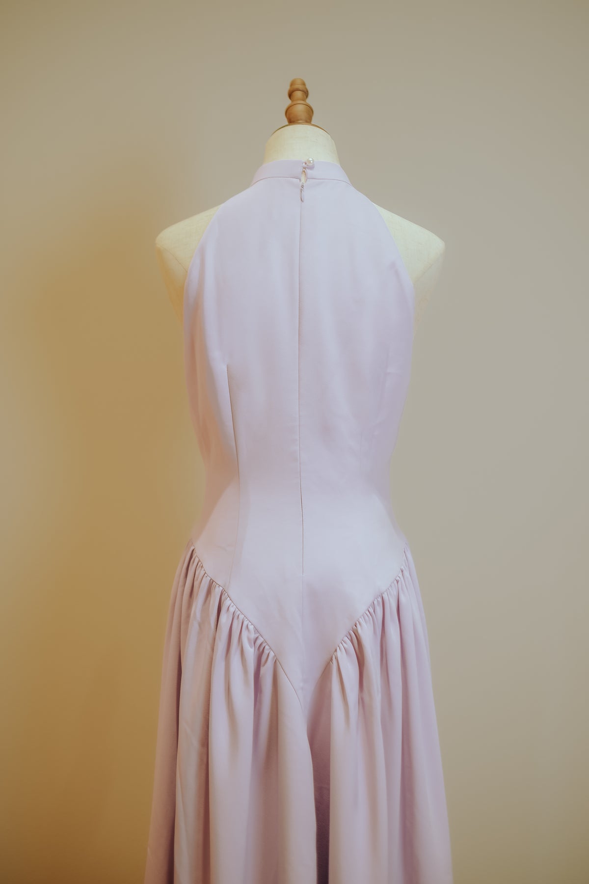 Lilac Purple Bubble Skirt Premium Cotton Stretch Halter Cheongsam with Front Keyhole