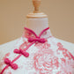 Pastel Pink Floral Motif Jacquard with Chinese Knots and Fuchsia Piping