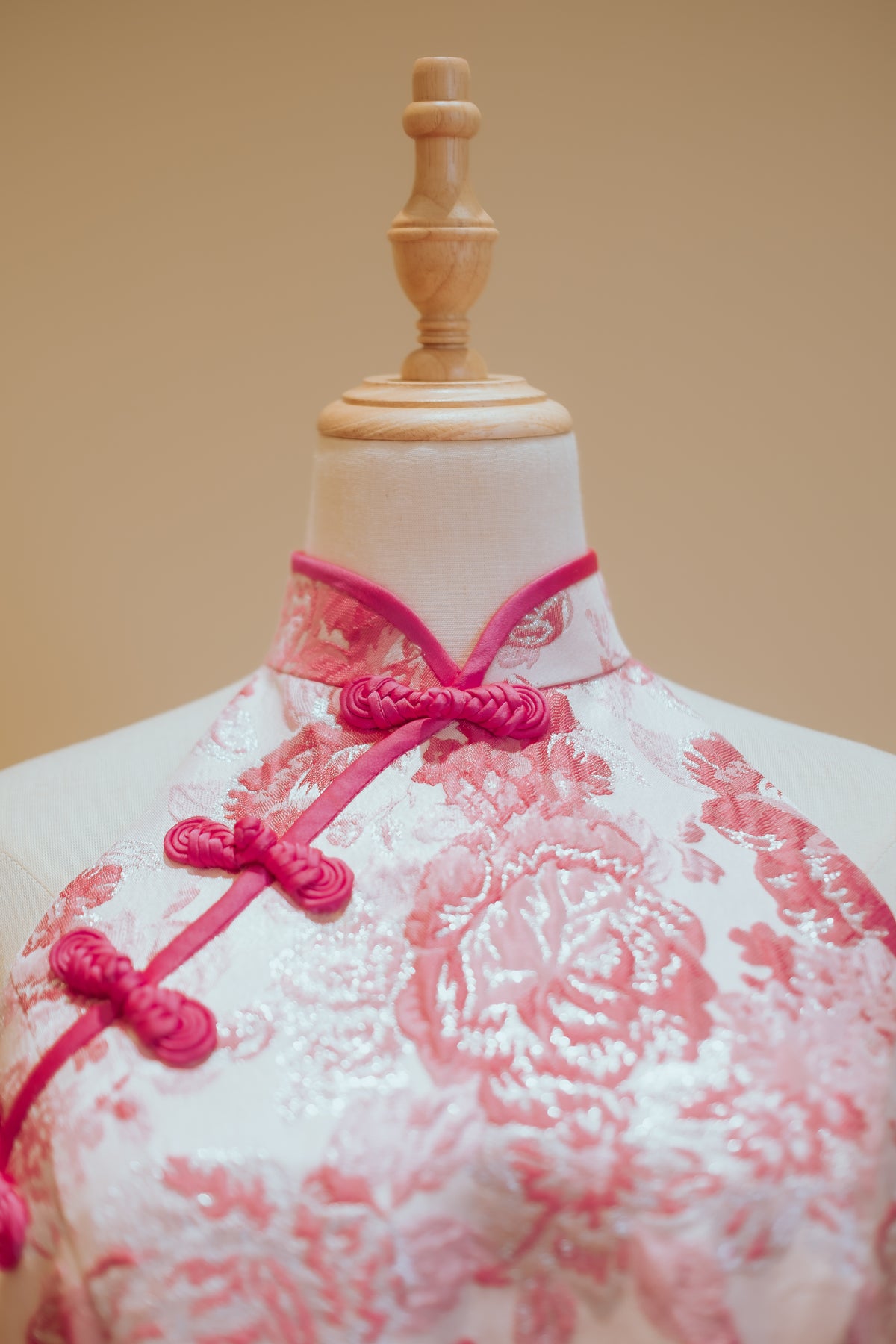 Pastel Pink Floral Motif Jacquard with Chinese Knots and Fuchsia Piping