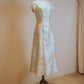Yellow Jacquard with Blue Floral Motif A Line Boatneck Dress