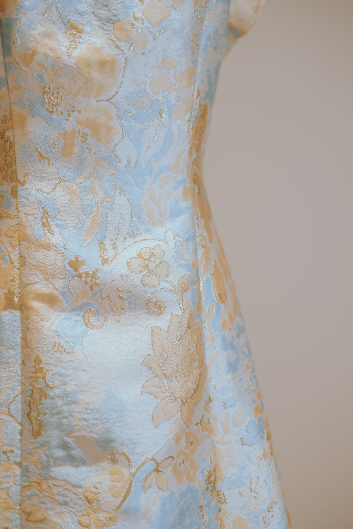Yellow Jacquard with Blue Floral Motif A Line Boatneck Dress
