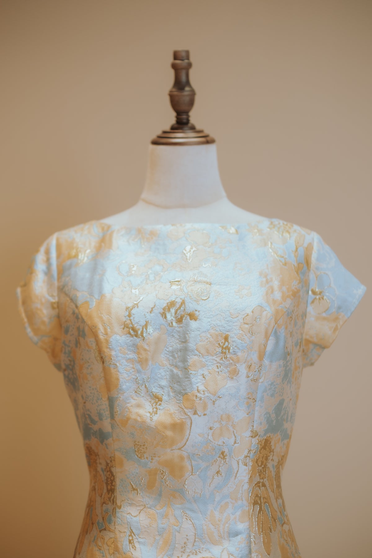 Yellow Jacquard with Blue Floral Motif A Line Boatneck Dress