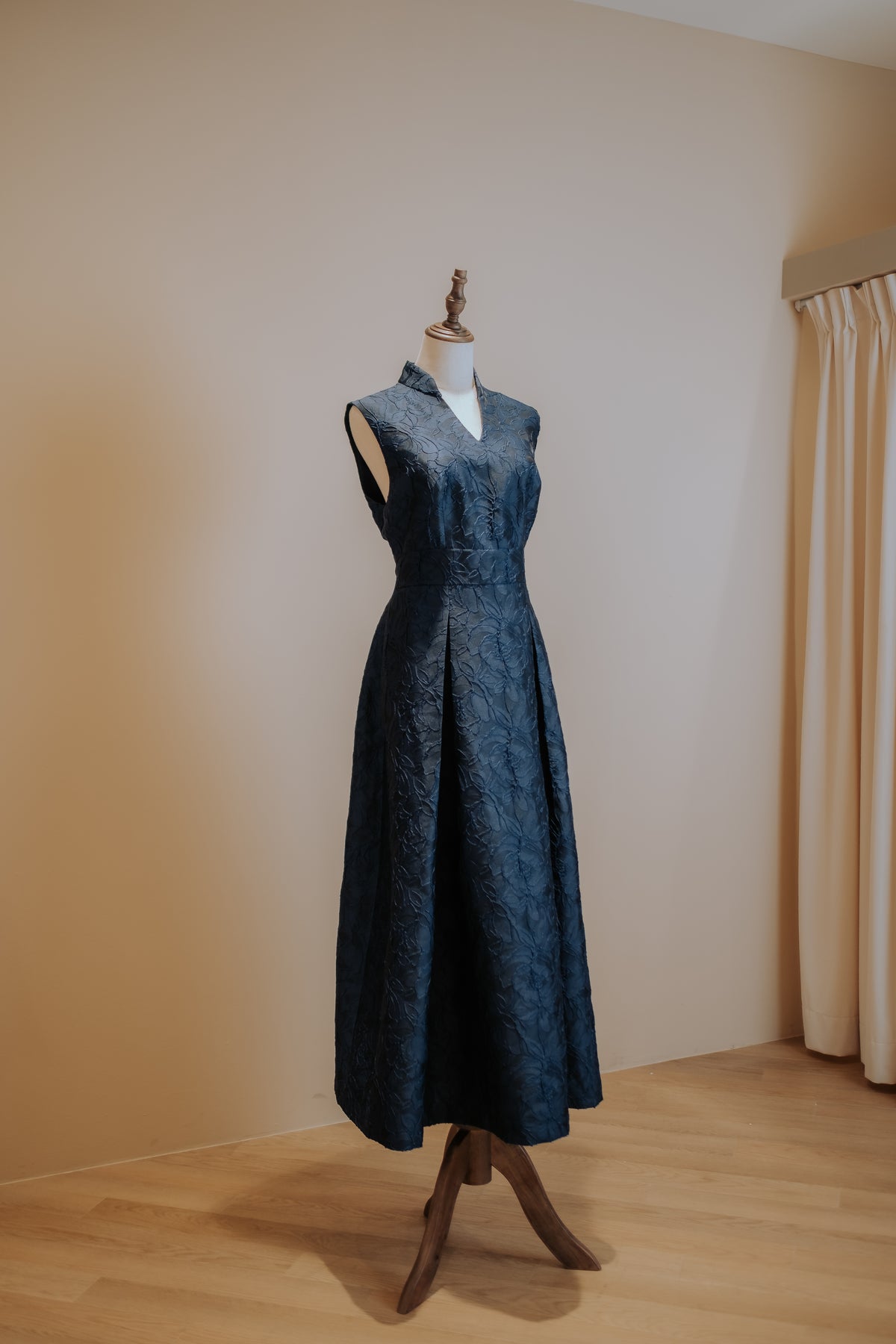 Midnight Blue Floral Jacquard A line Panel Dress