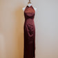 Wine Red Duchess Satin Halter Top Cheongsam With Jade Beads and Front Slit