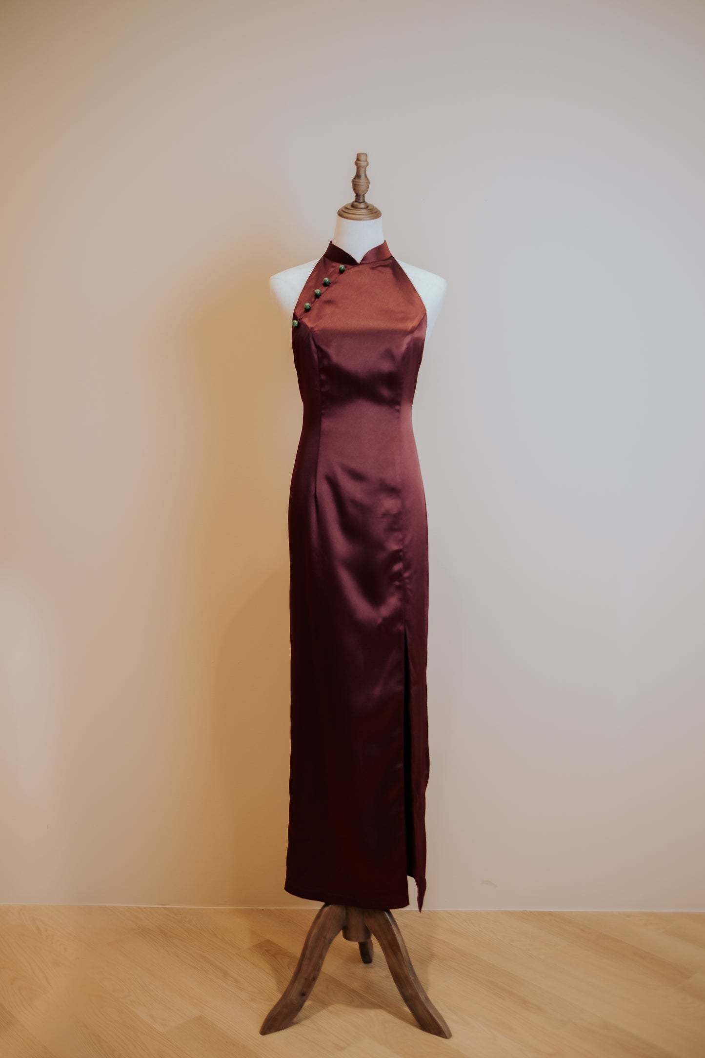 Wine Red Duchess Satin Halter Top Cheongsam With Jade Beads and Front Slit