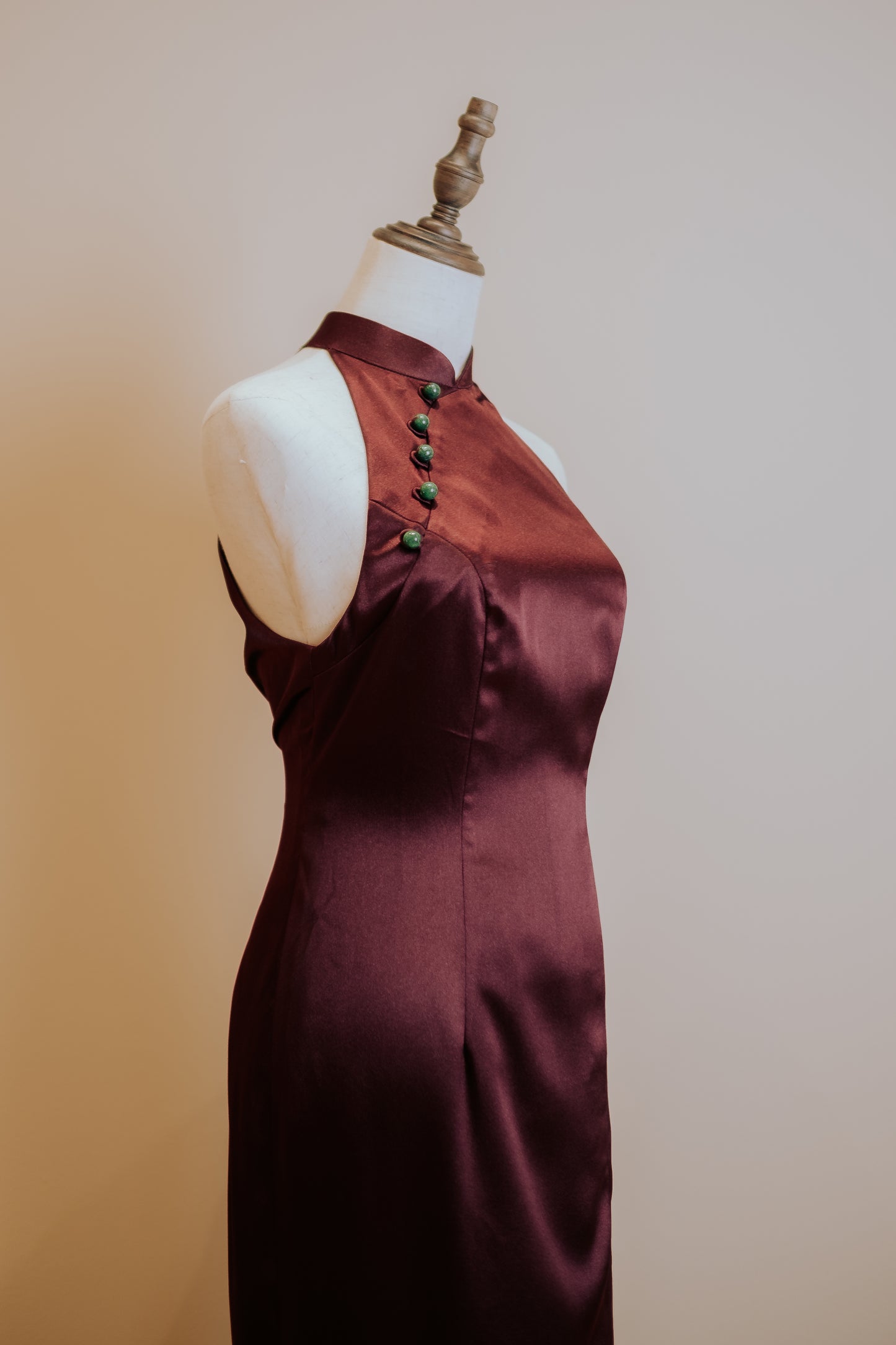 Wine Red Duchess Satin Halter Top Cheongsam With Jade Beads and Front Slit