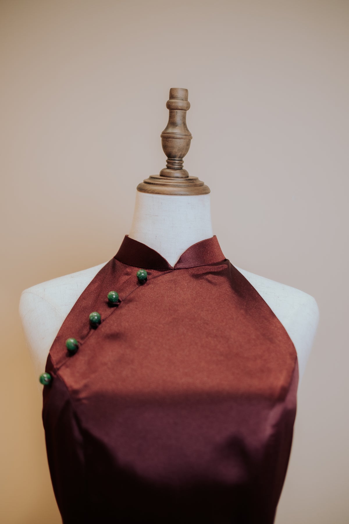 Wine Red Duchess Satin Halter Top Cheongsam With Jade Beads and Front Slit
