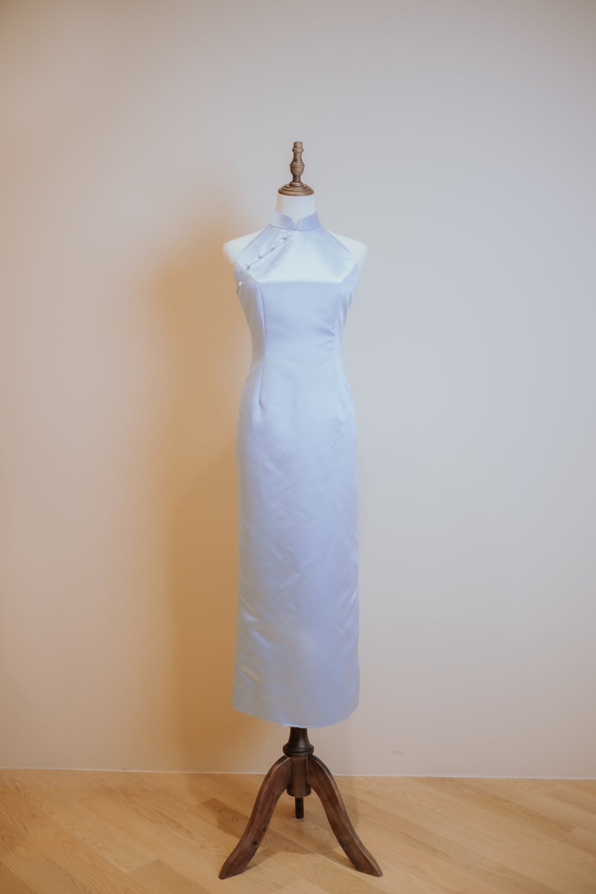 Blue Duchess Satin Cheongsam With Pearls