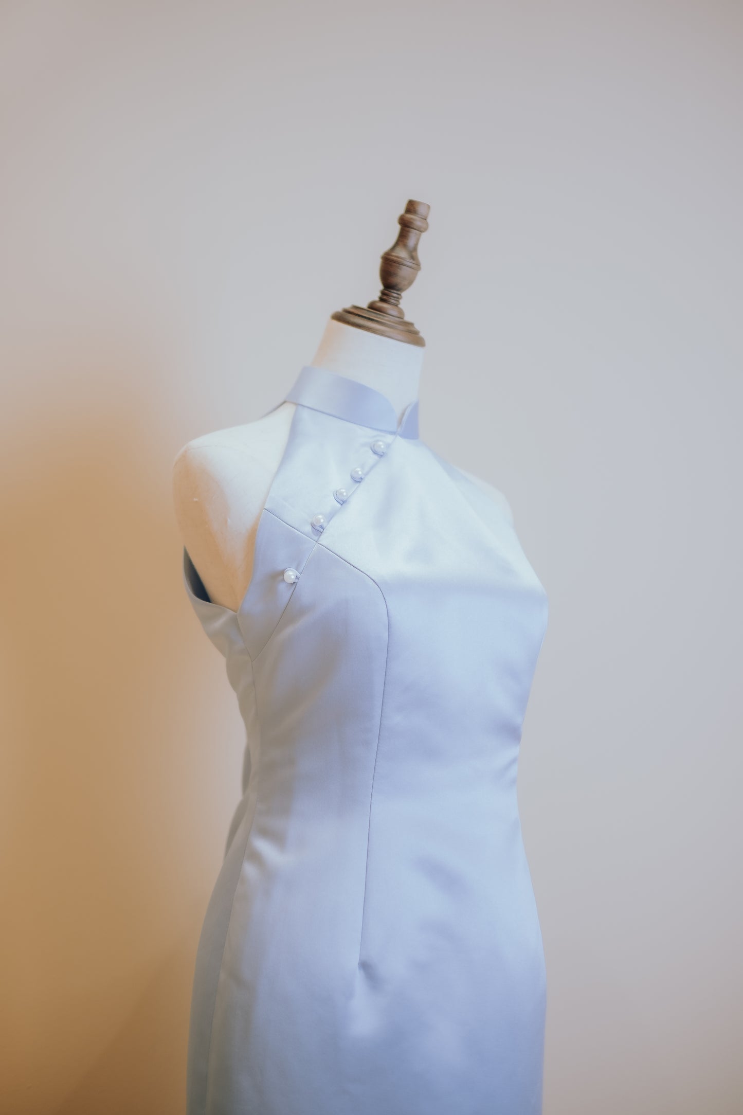 Blue Duchess Satin Cheongsam With Pearls
