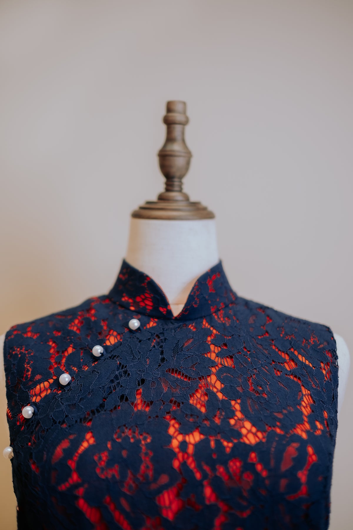 Navy Blue Lace Cheongsam With Red Inner Lining