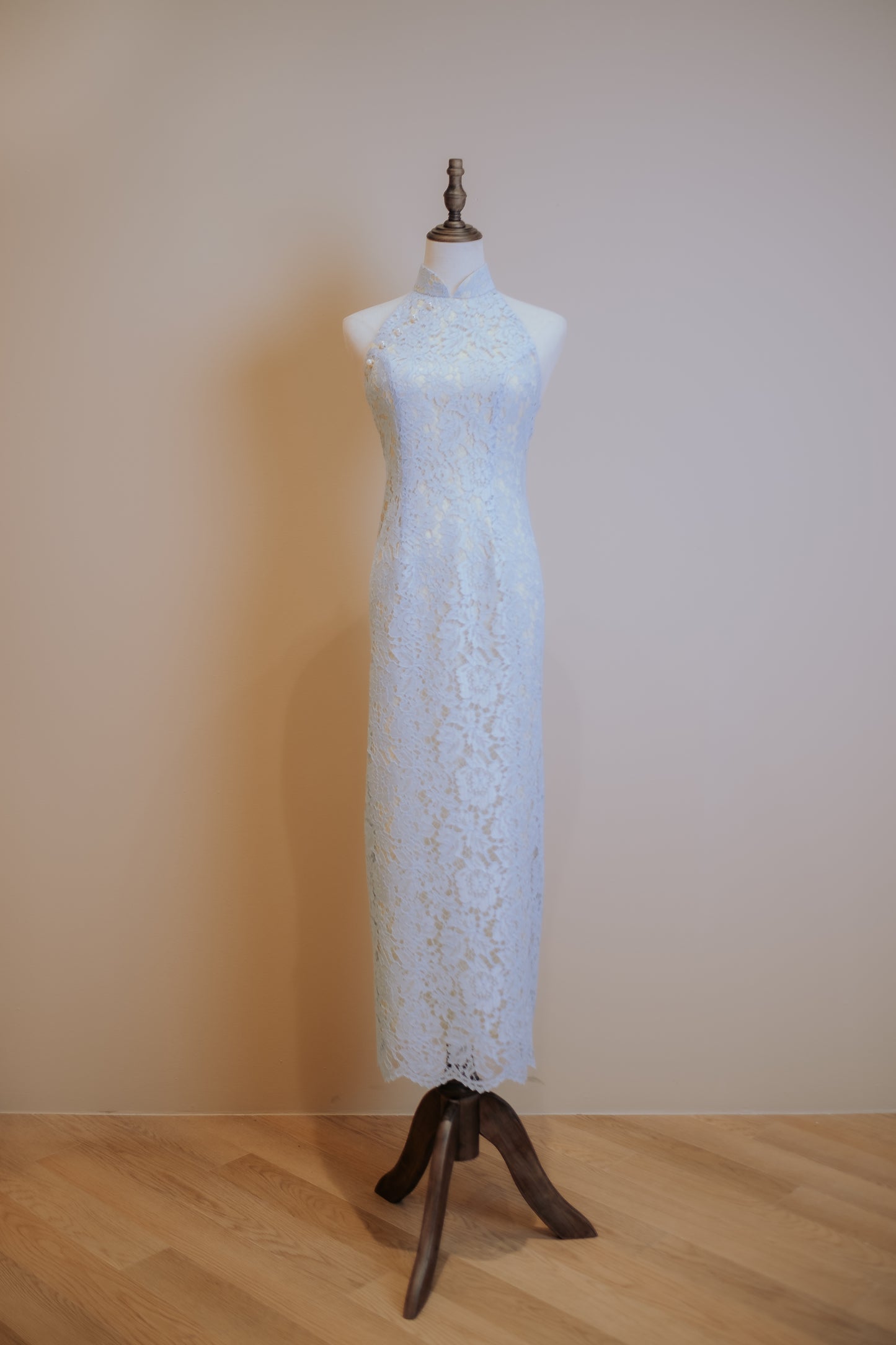 Baby Blue Lace with Butter Yellow Inner Lining Cheongsam and Back Peephole