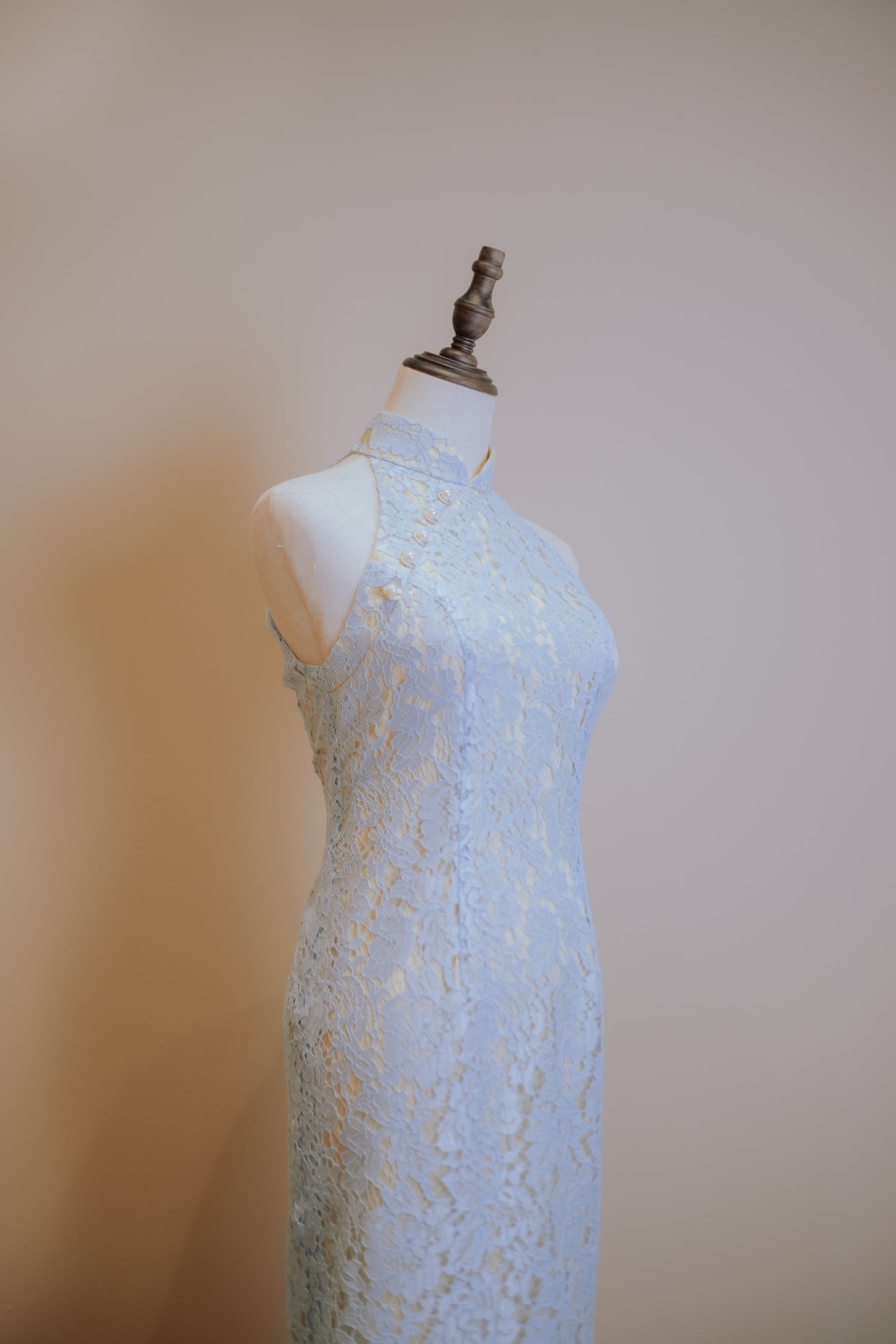 Baby Blue Lace with Butter Yellow Inner Lining Cheongsam and Back Peephole