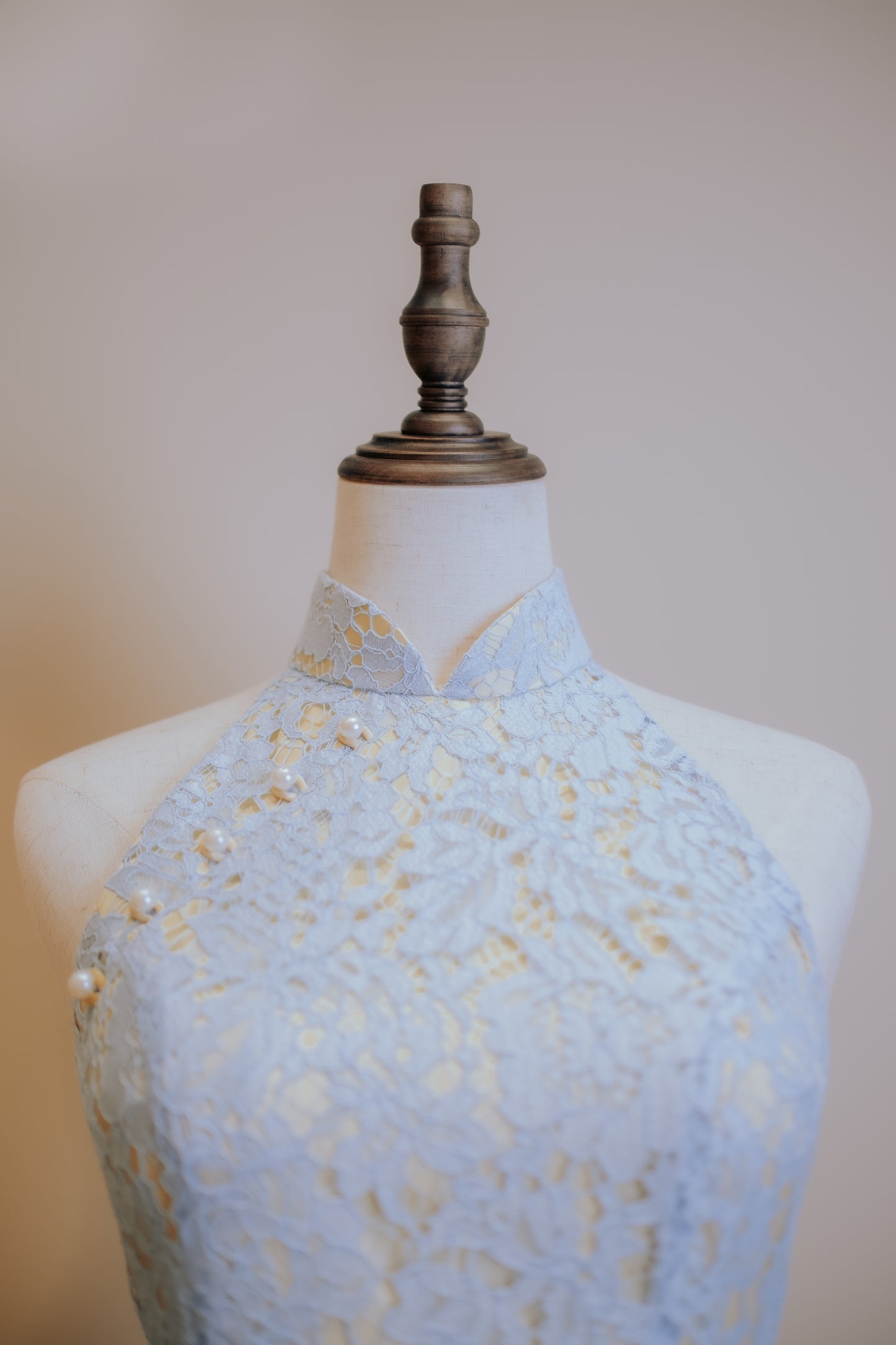 Baby Blue Lace with Butter Yellow Inner Lining Cheongsam and Back Peephole