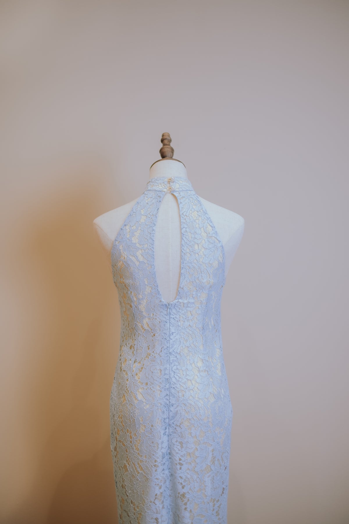 Baby Blue Lace with Butter Yellow Inner Lining Cheongsam and Back Peephole