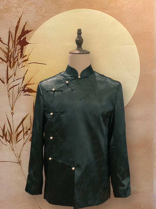 Emerald Green Chinese Silk Asymmetrical Men's Tang Shirt