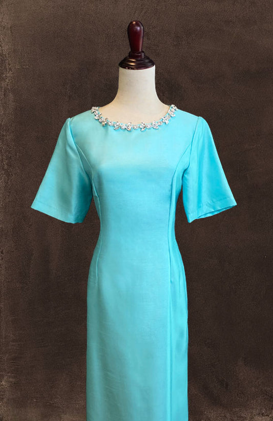 Mint Green Round Neck Thai Silk With Bejewelled Neckline