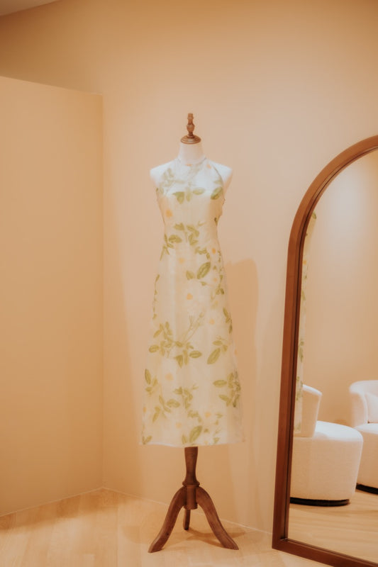 Botanic Printed Chiffon Sheer Overlay Garden Halter Maxi Dress