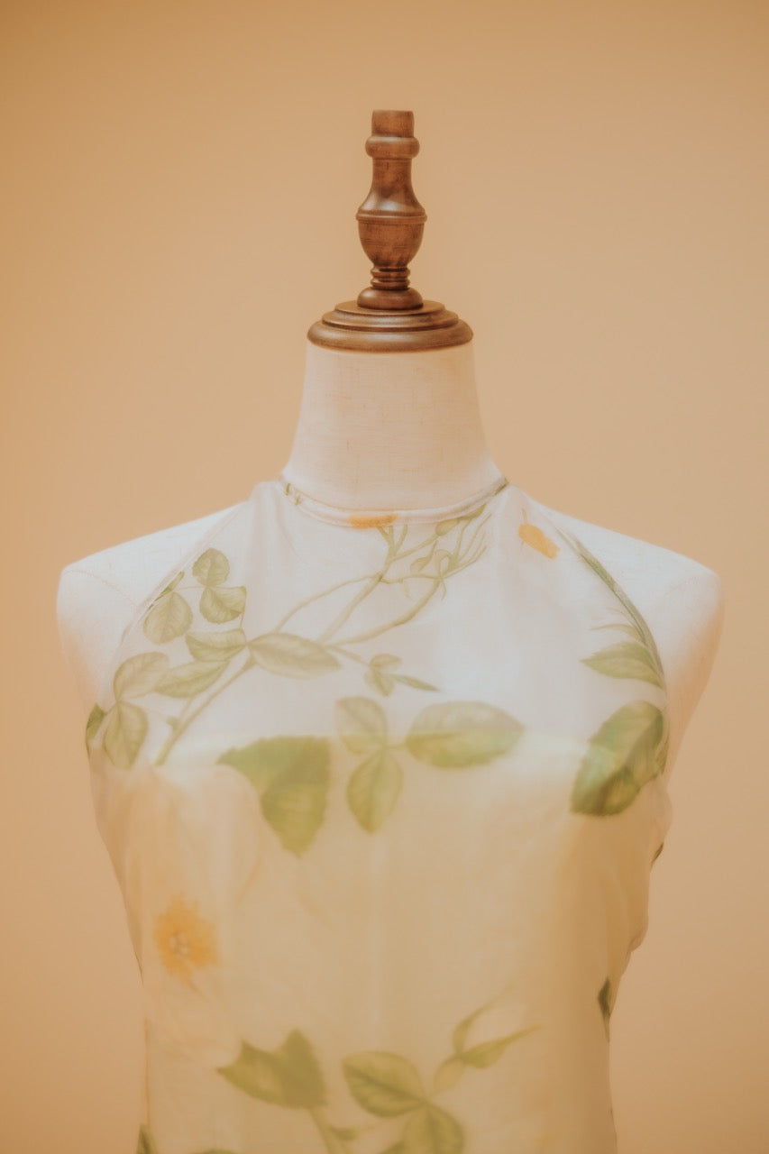 Botanic Printed Chiffon Sheer Overlay Garden Halter Maxi Dress