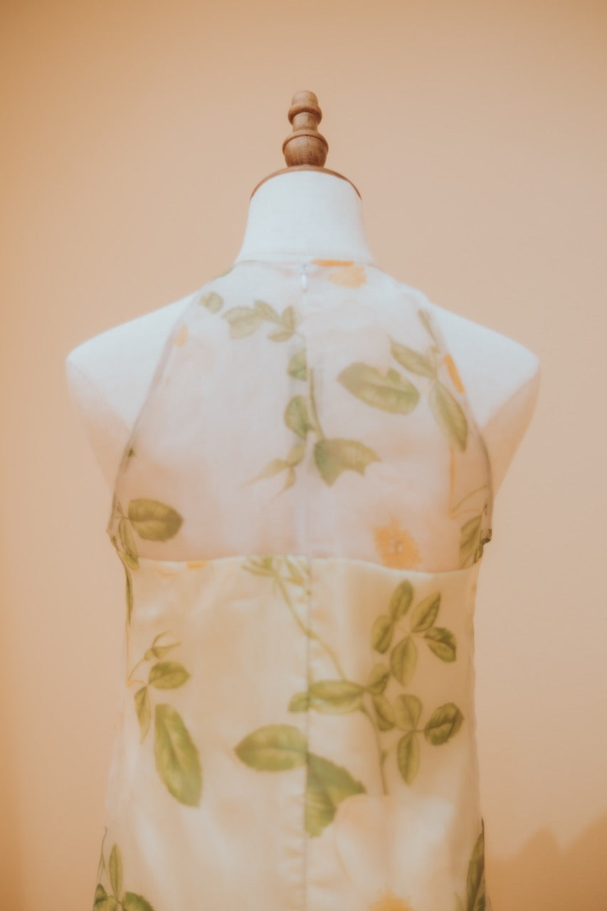 Botanic Printed Chiffon Sheer Overlay Garden Halter Maxi Dress