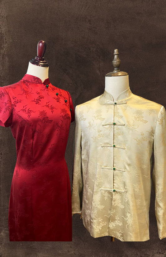 Red Chinese Silk Cheongsam and Champagne Chinese Silk Tang Shirt