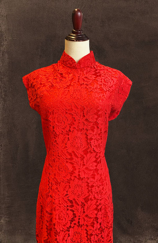 Red Lace Cap Sleeve Cheongsam