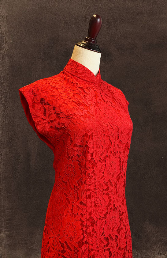 Red Lace Cap Sleeve Cheongsam